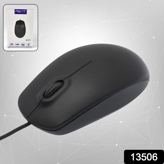 Wukusy wired optical computer mouse M-111 for laptops and desktops, black with ergonomic design and standard USB connection.