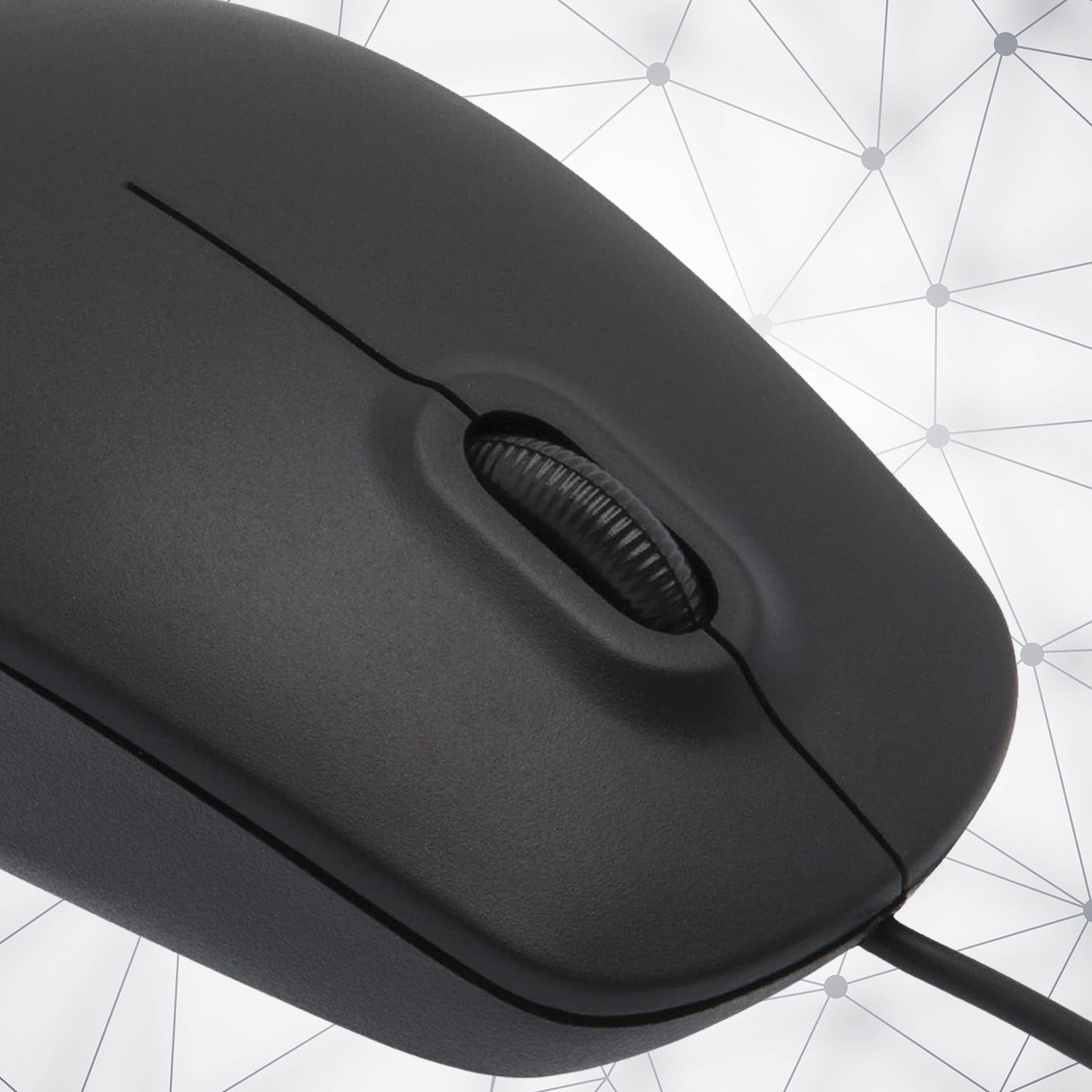 Wukusy wired optical computer mouse M-111 on a desk, showing its ergonomic design and USB connection.