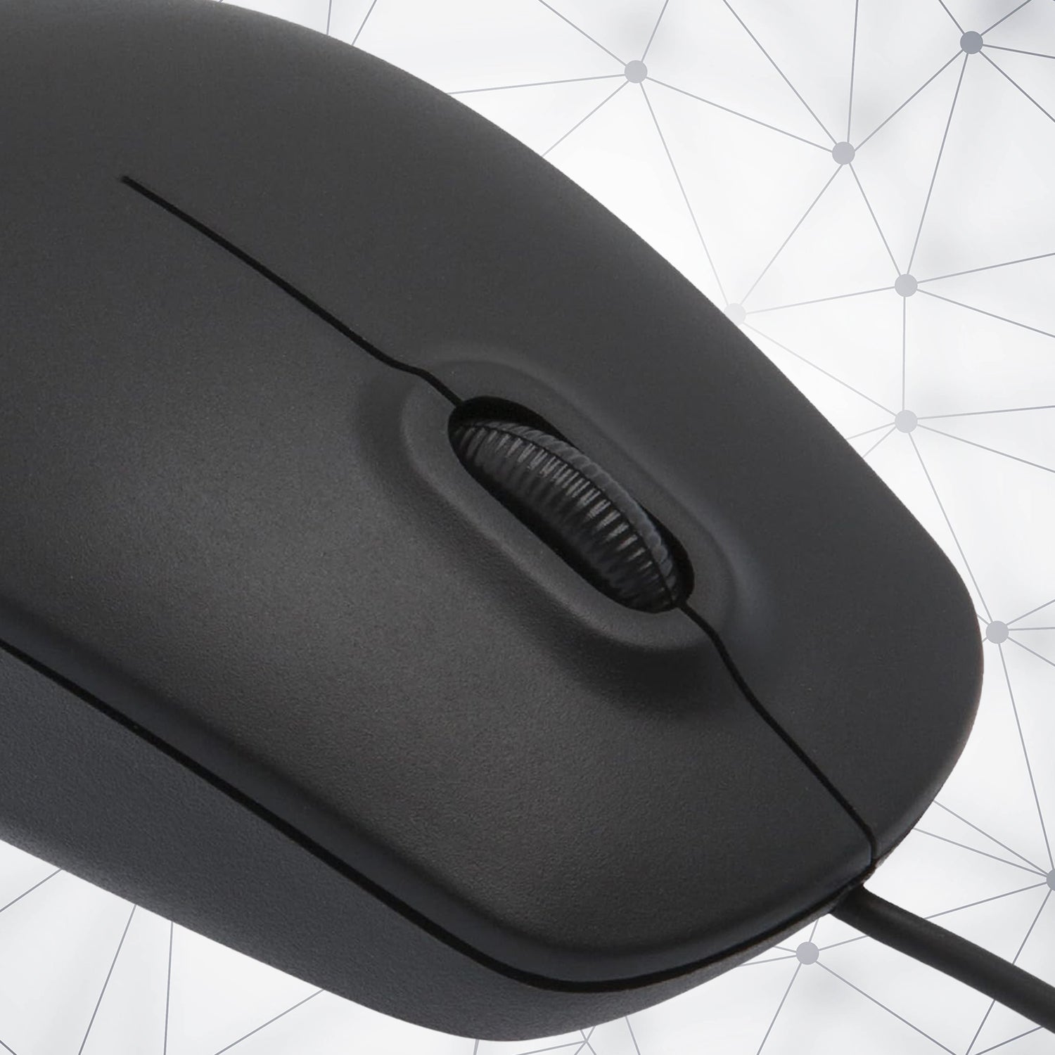 Wukusy wired optical computer mouse M-111 on a desk, showing its ergonomic design and USB connection.