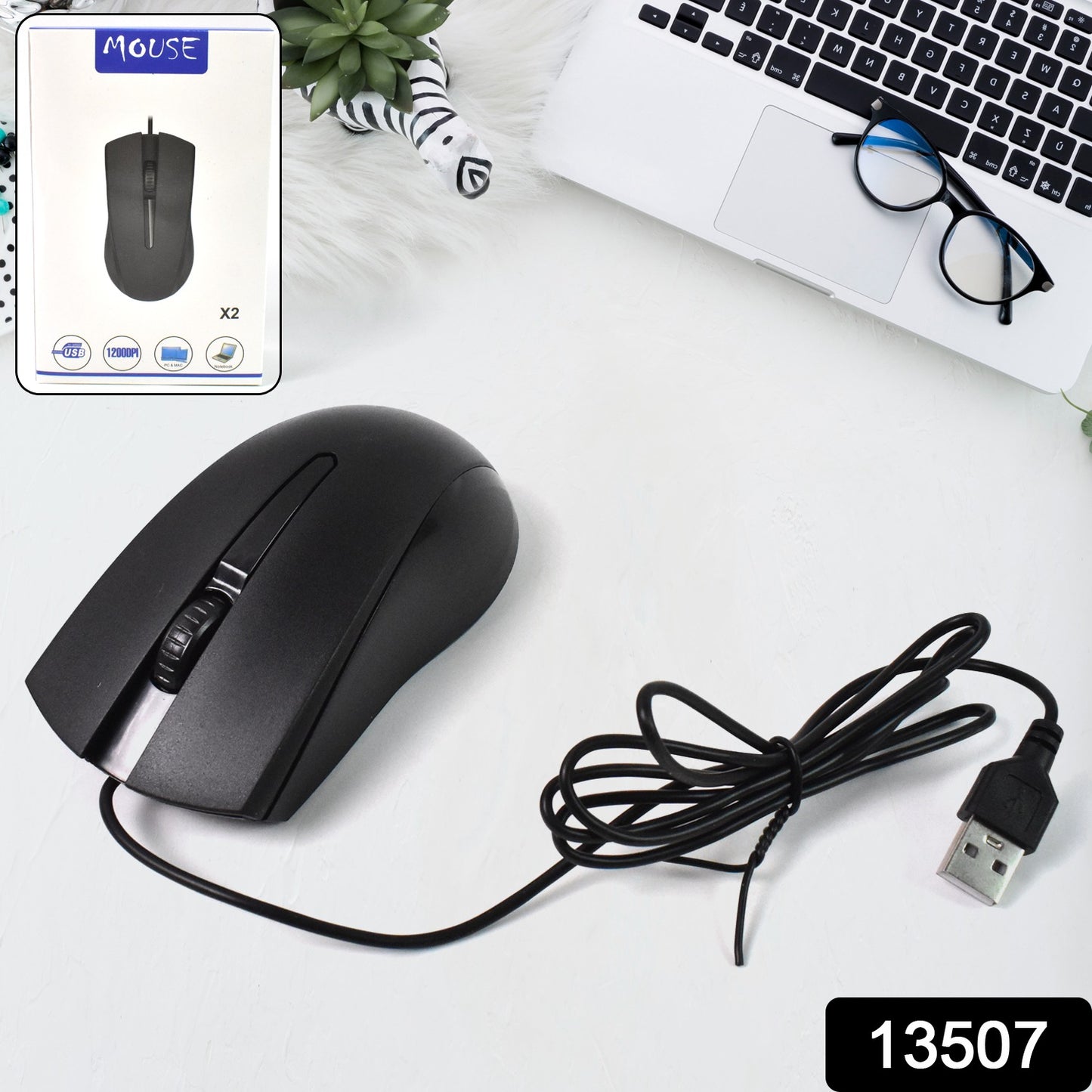 Wukusy wired optical mouse for computers and laptops, black with scroll wheel, connected via USB for precise control.