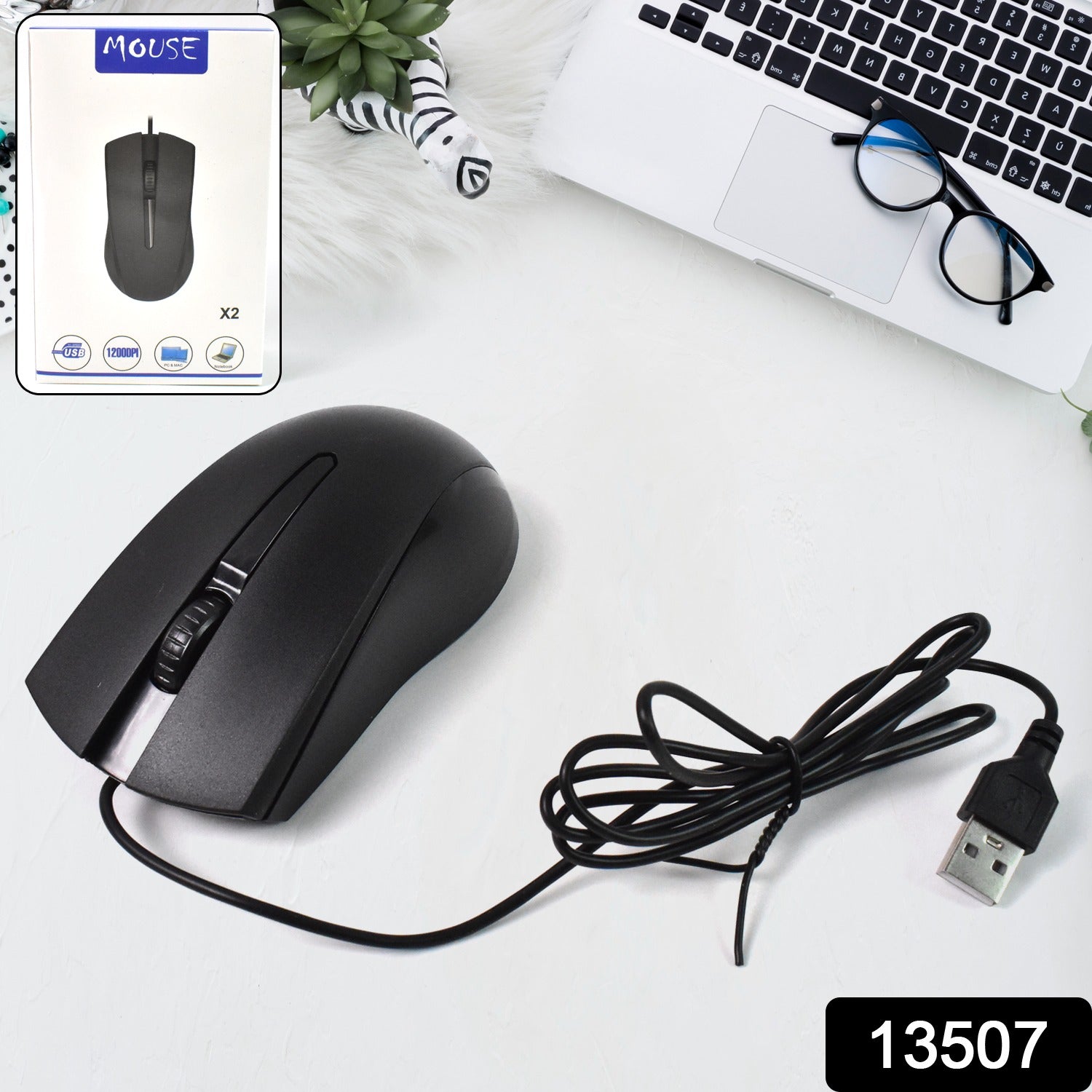Wukusy wired optical mouse for computers and laptops, black with scroll wheel, connected via USB for precise control.