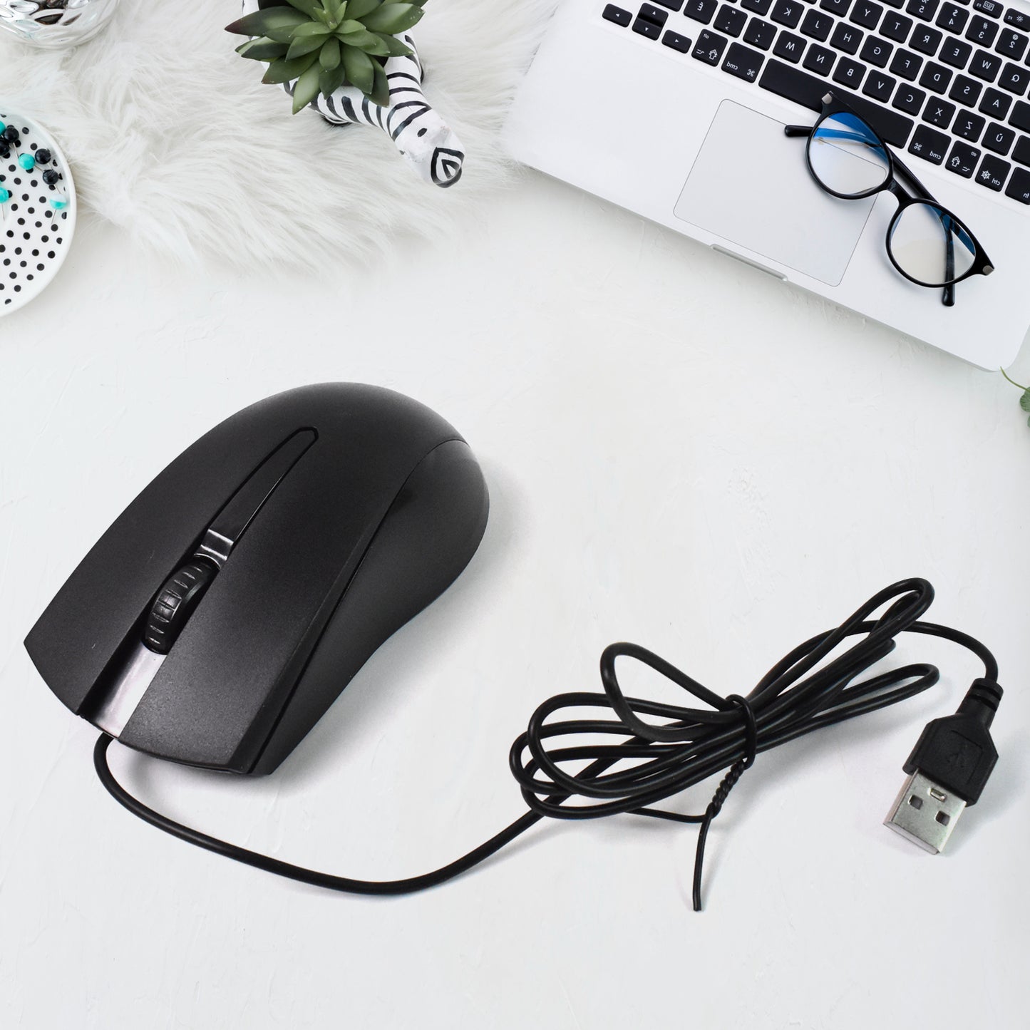 Wukusy wired optical mouse for computers and laptops, black, with ergonomic design and scroll wheel, close-up view.