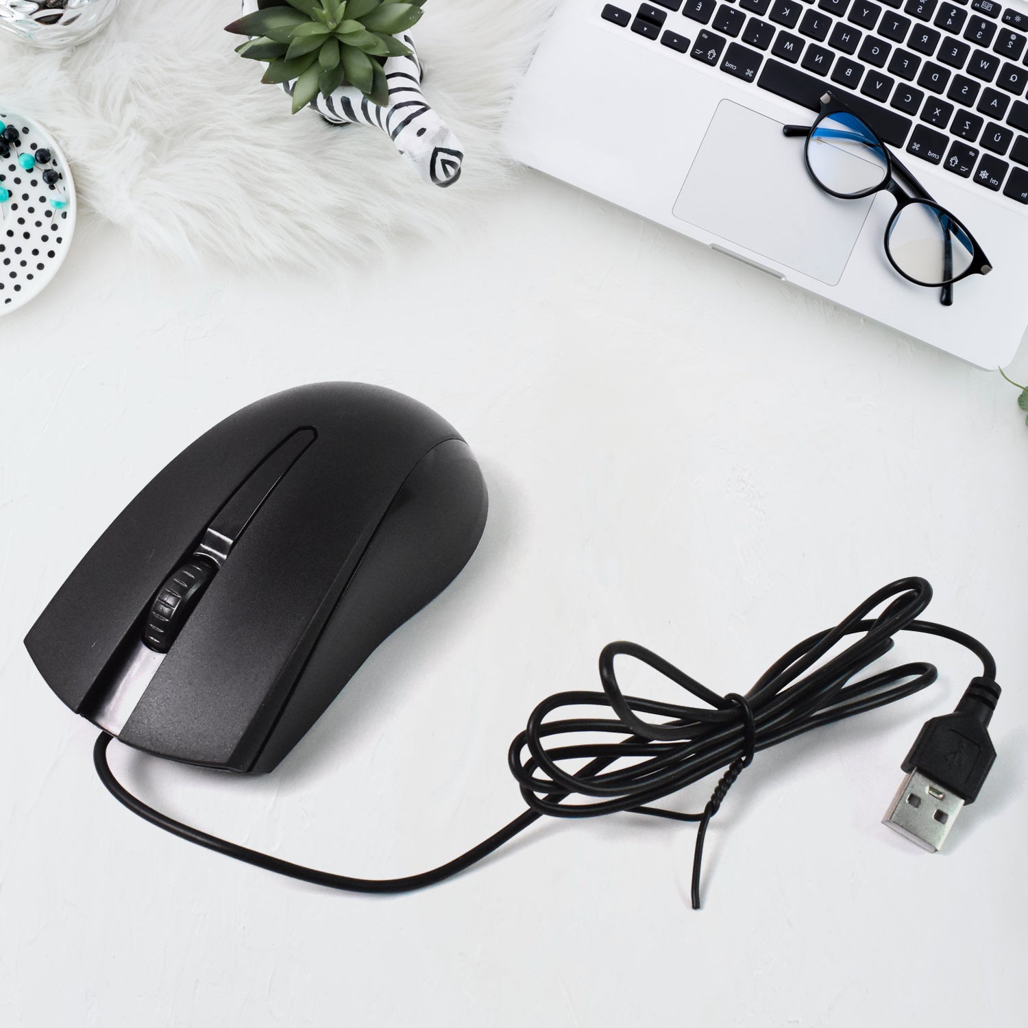 Wukusy wired optical mouse for computers and laptops, black, with ergonomic design and scroll wheel, close-up view.