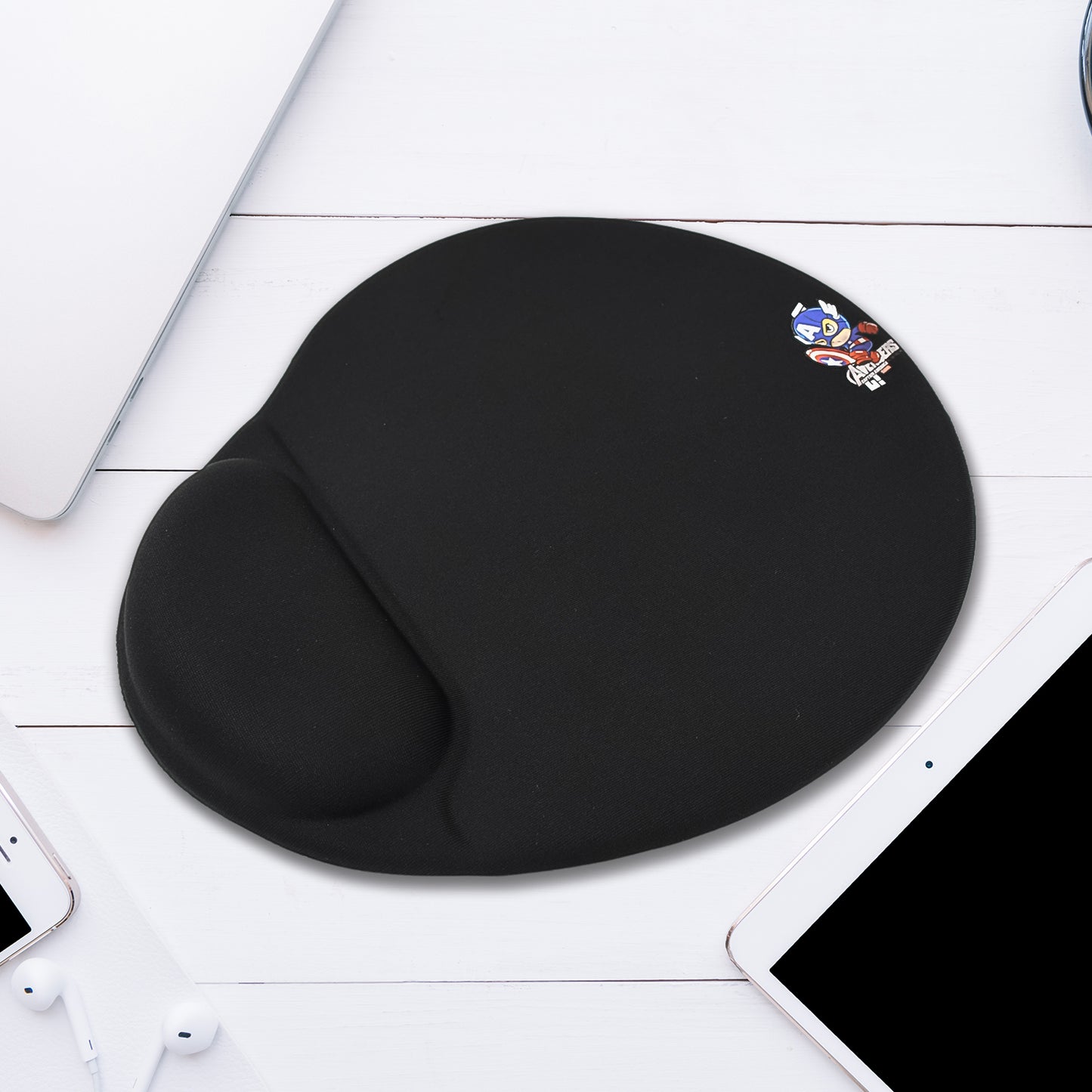 Wukusy gaming wrist mouse pad showing a black cushioned surface designed for comfortable mouse control.