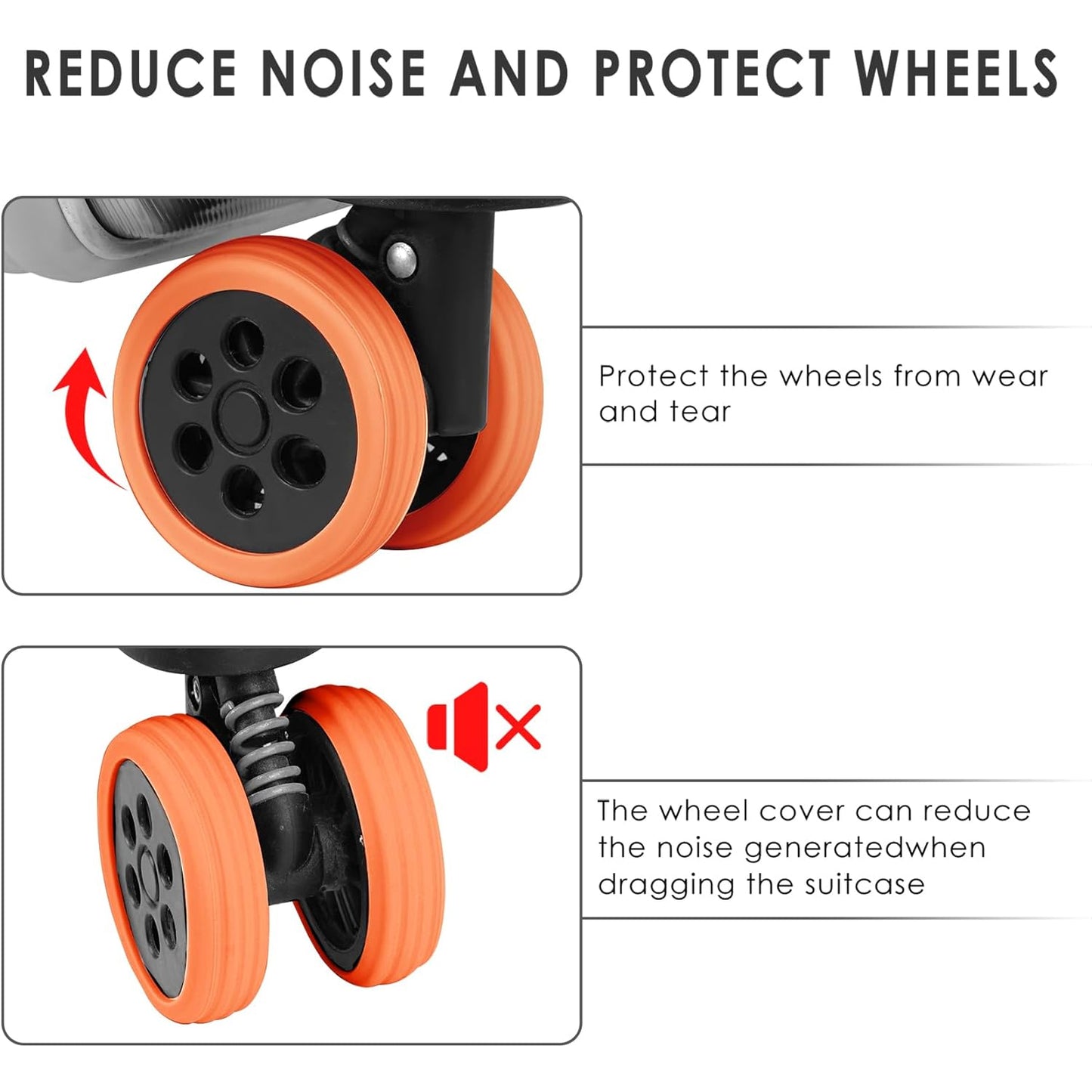 Wukusy luggage wheel covers set with eight silicone protectors on suitcase wheels, reducing noise and preventing damage during travel.