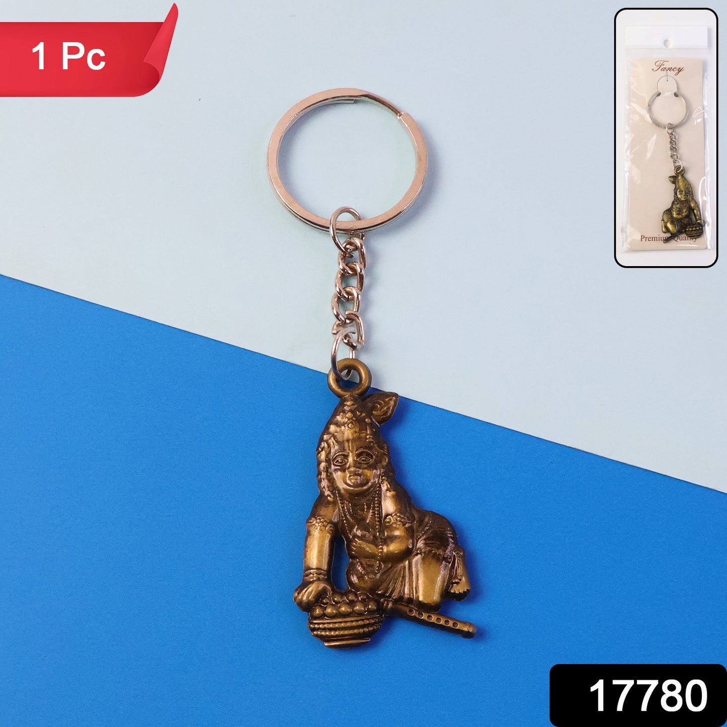 Antique gold metal Bal Krishna Makhan Chor keychain with intricate design, perfect as a decorative accessories piece.