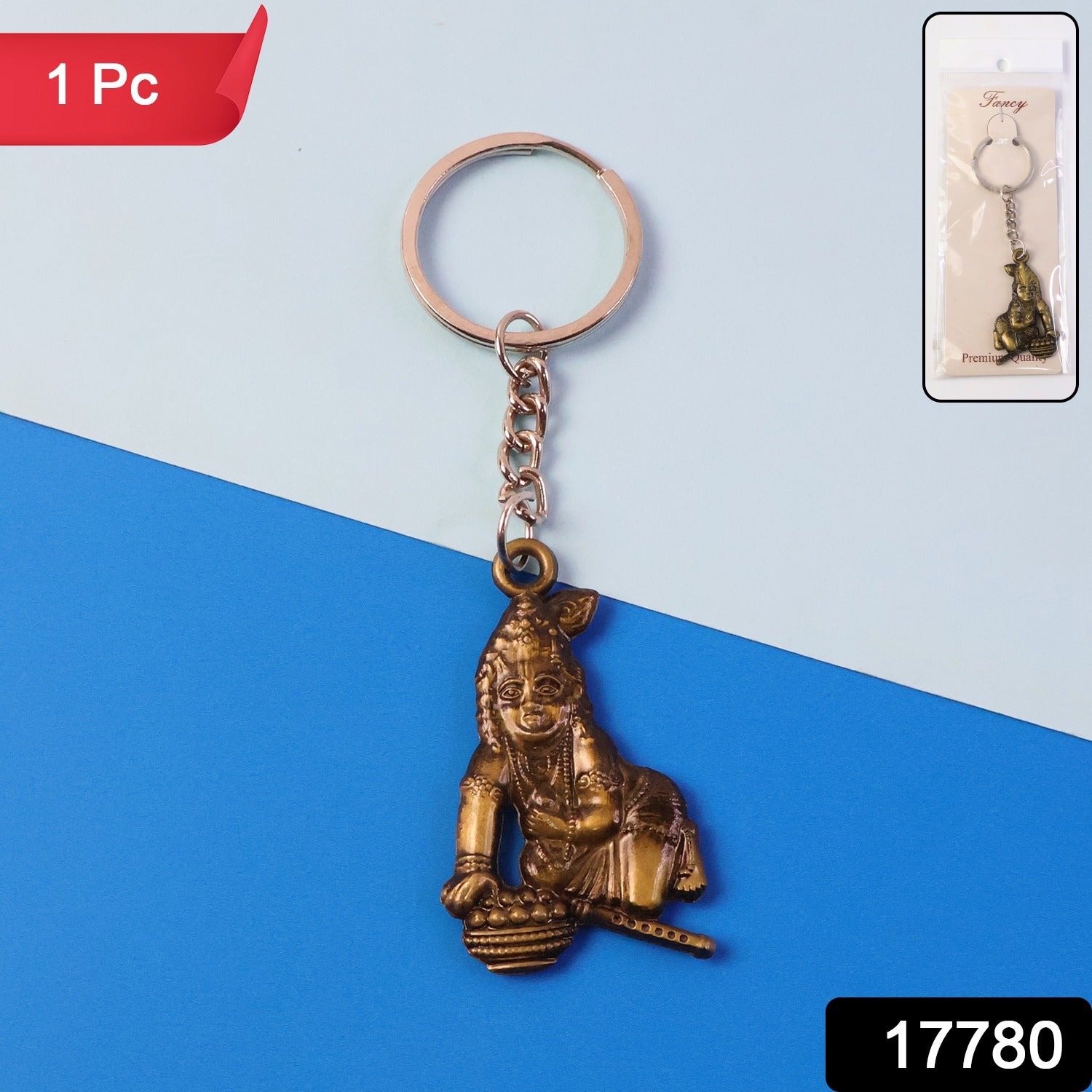 Antique gold metal Bal Krishna Makhan Chor keychain with intricate design, perfect as a decorative accessories piece.