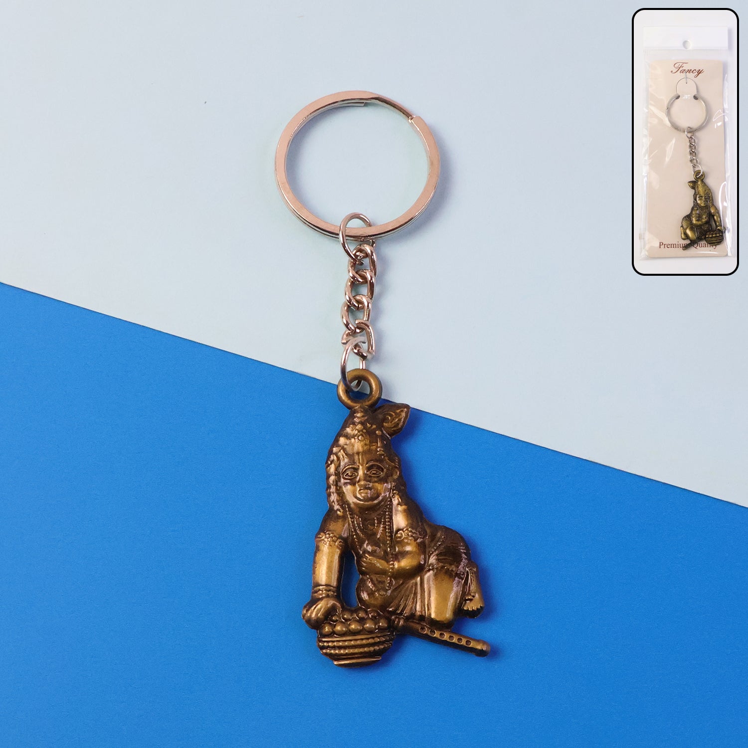 Antique-gold metal Bal Krishna Makhan Chor keychain accessory with detailed Krishna figure, ideal for key or bag decoration.