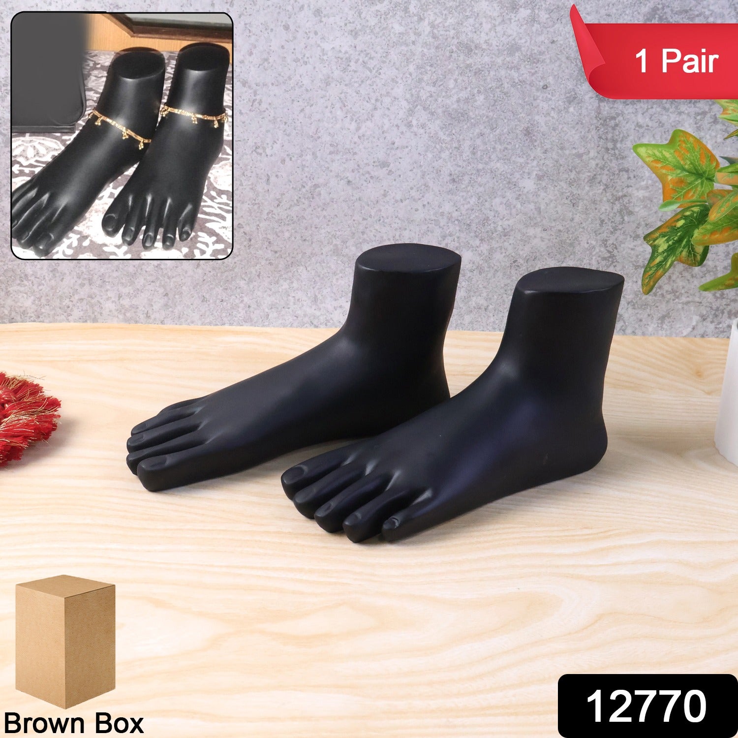 Pair of black foot mannequin display stands by Wukusy, designed for showcasing footwear in retail or photography settings.