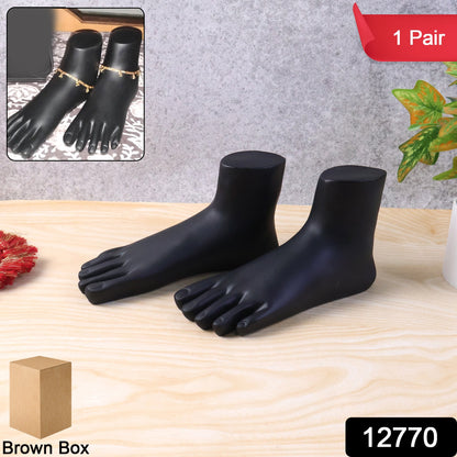 Pair of black foot mannequin display stands by Wukusy, designed for showcasing footwear in retail or photography settings.