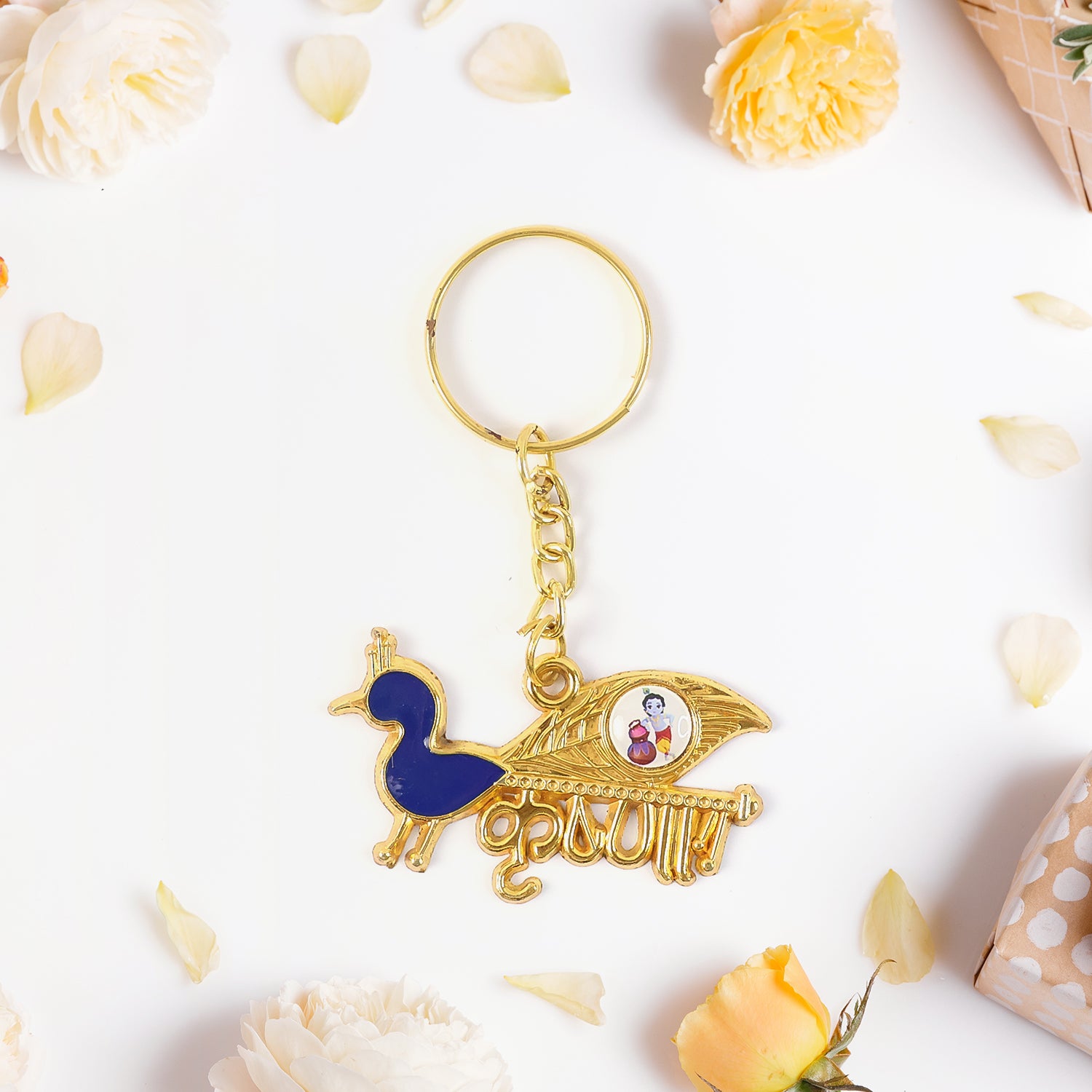 Wukusy Krishna-themed decorative metal keychain featuring intricate design, perfect as a spiritual accessories gift.