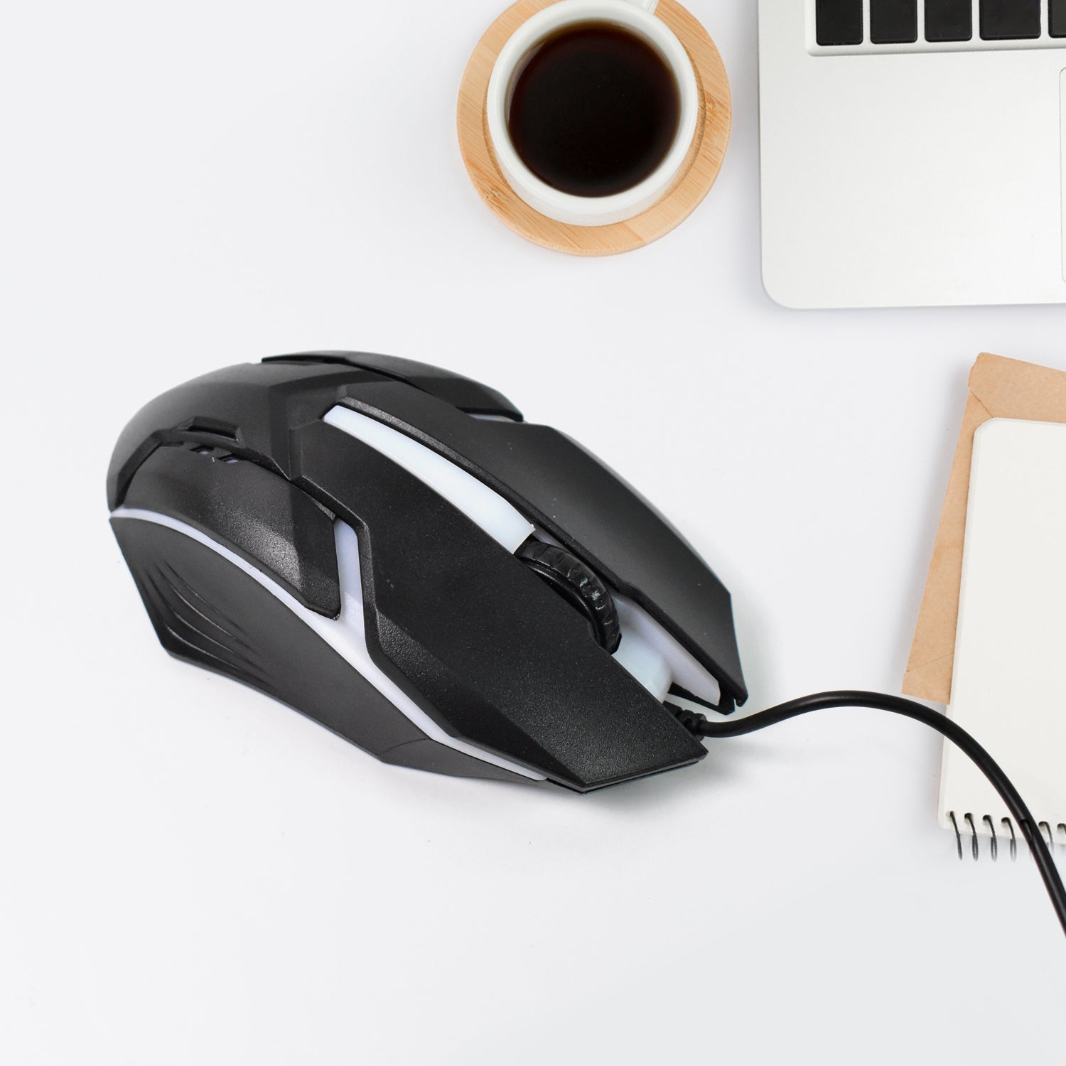 Wukusy USB wired gaming mouse with ergonomic design, featuring multiple buttons and a sleek black finish for comfortable use.