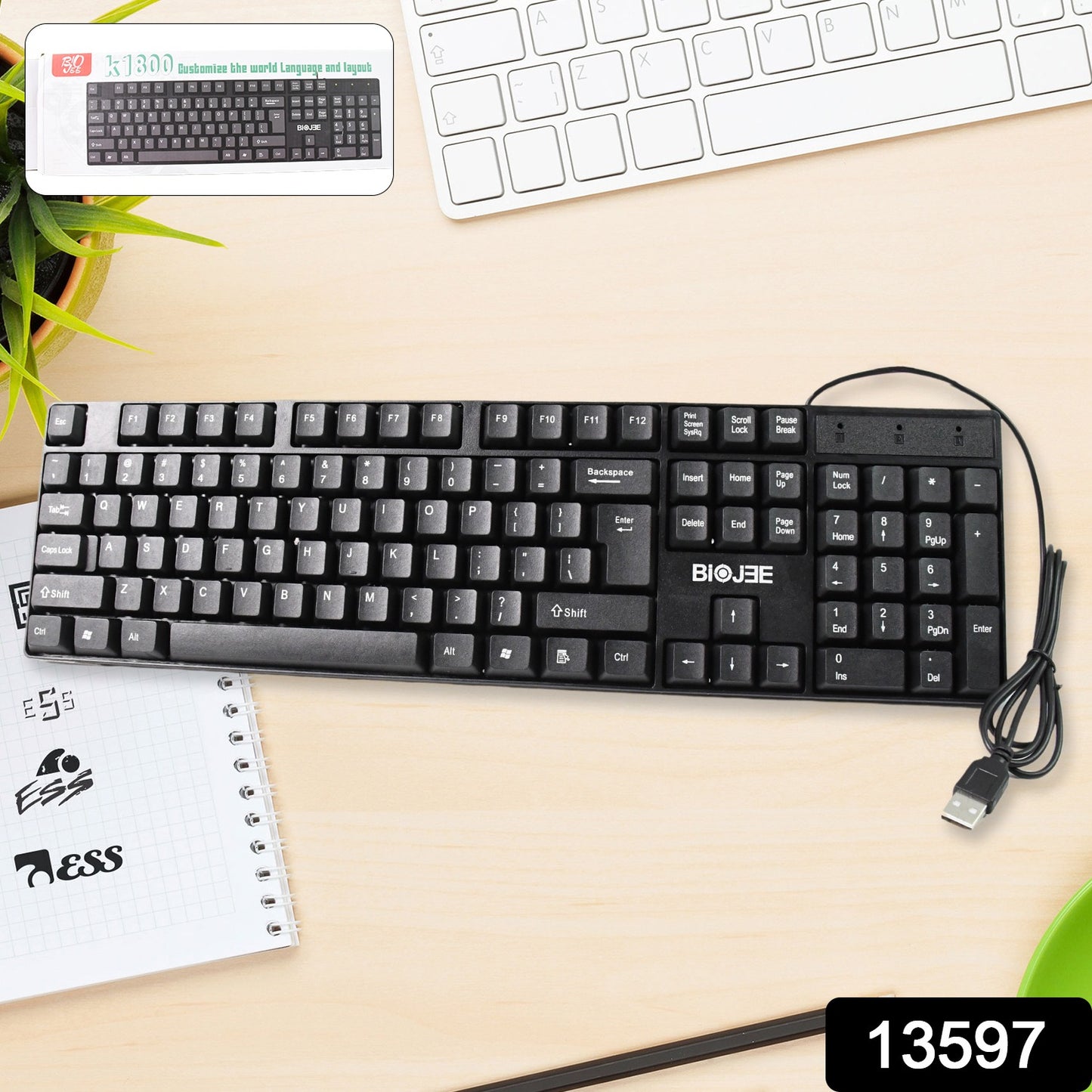 Wukusy wired USB keyboard with 104 keys, standard layout, black design, and ergonomic key spacing for comfortable typing.