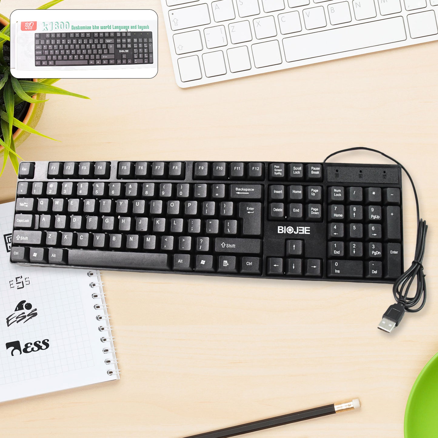 Wukusy wired USB keyboard with 104 keys, standard layout, black design, and full-size key arrangement for computer accessories.
