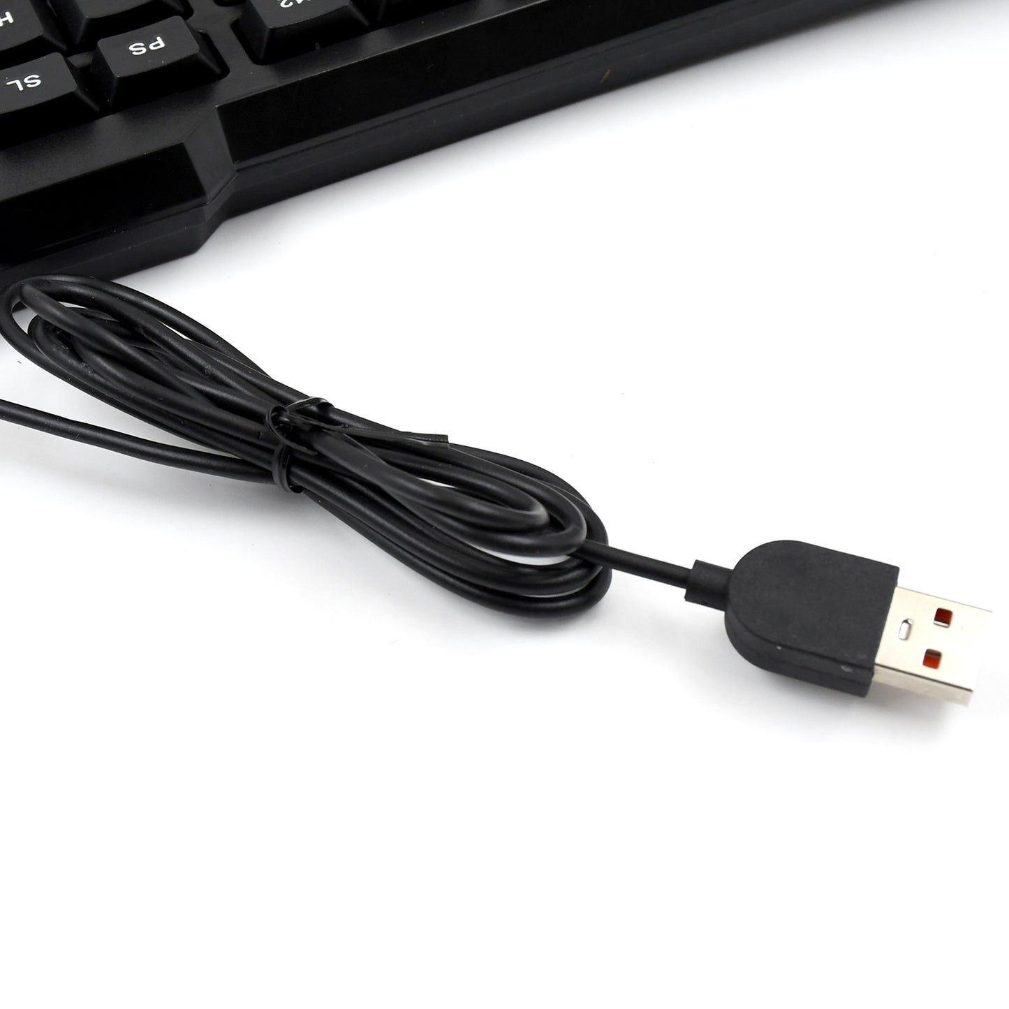 Wukusy wired USB keyboard with 104 keys, standard layout, black keyboard with mechanical-style keys for computer accessories.