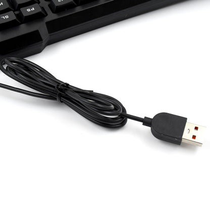 Wukusy wired USB keyboard with 104 keys, standard layout, black keyboard with mechanical-style keys for computer accessories.