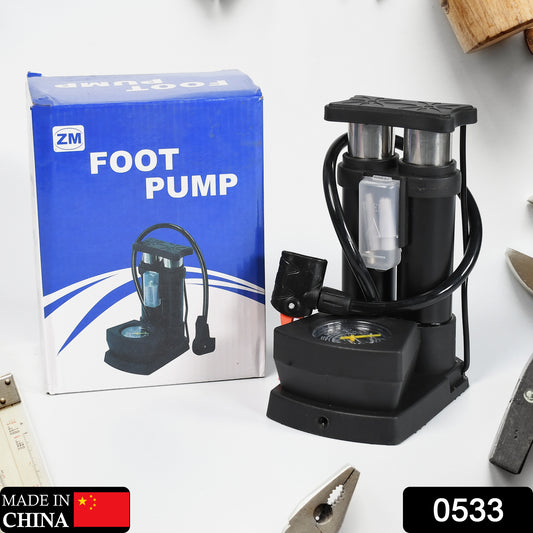 Wukusy portable mini bike pump with foot activation and gauge, designed for bicycle tires, shown in a compact, functional design.