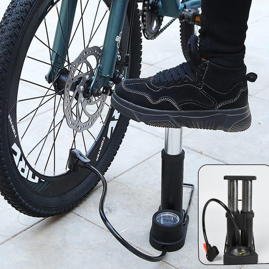 Wukusy portable mini bike pump with foot activation, built-in pressure gauge, designed for bicycle inflation, automotive use