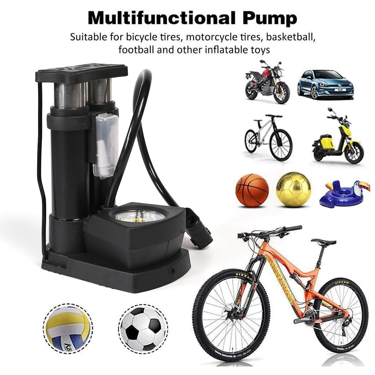 Wukusy portable mini bike pump with foot activation and gauge, designed for bicycle tires, shown with compact and sturdy build.