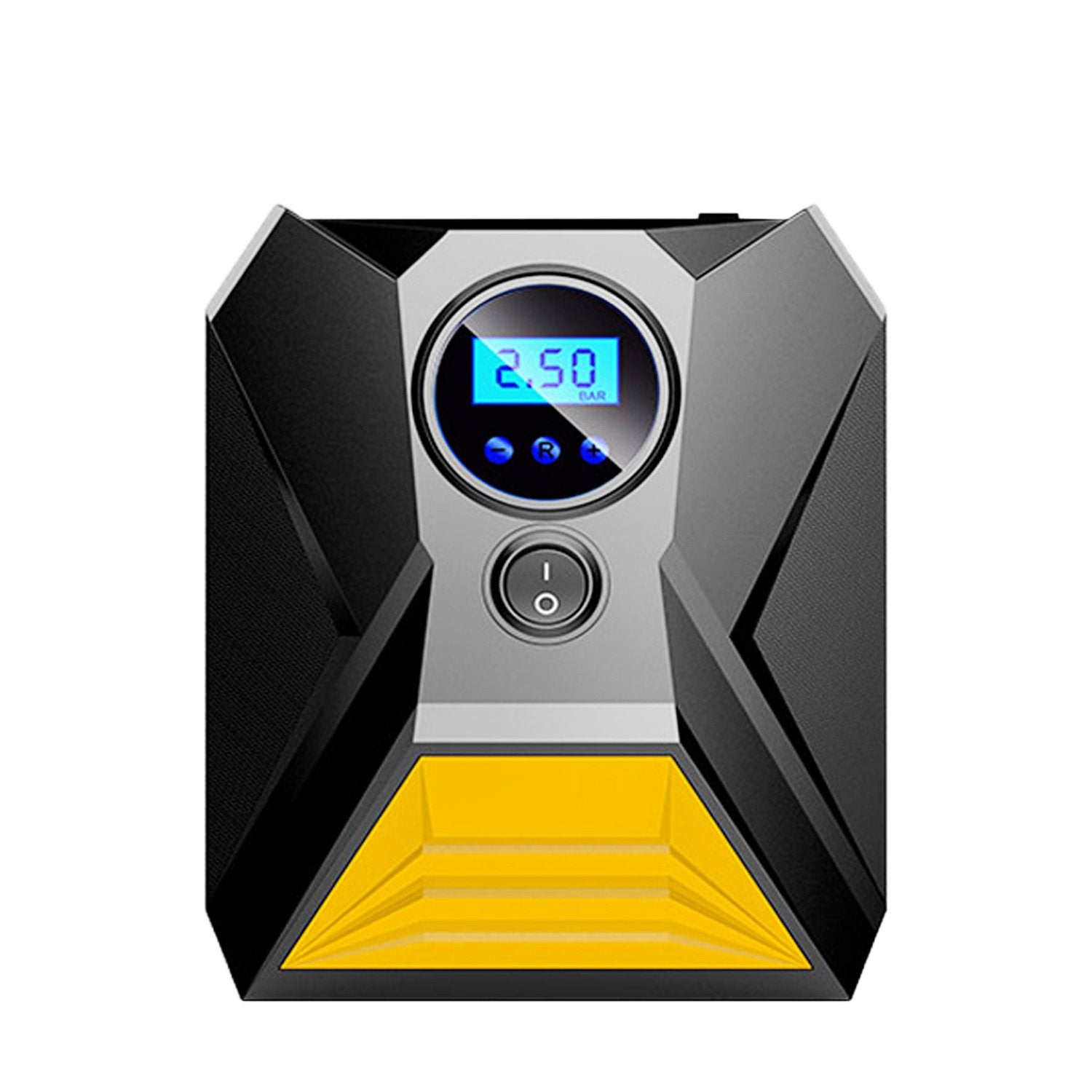 Wukusy digital car tyre inflator and portable air compressor pump for automotive use, showing digital display and air hose attachment.