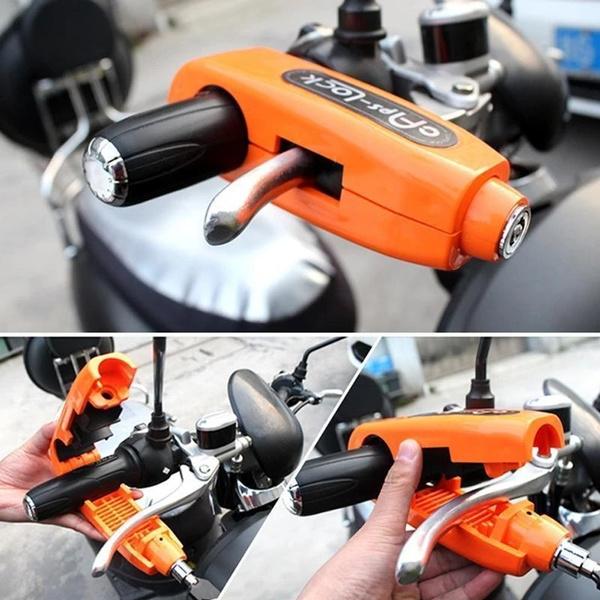 Wukusy Heavy Duty Bike Brake Lock securing handlebar and brake lever for automotive protection and theft prevention.
