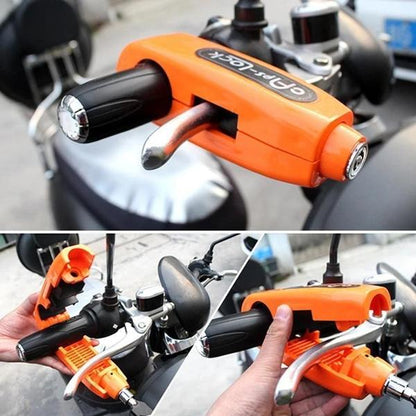Wukusy Heavy Duty Bike Brake Lock securing handlebar and brake lever for automotive protection and theft prevention.