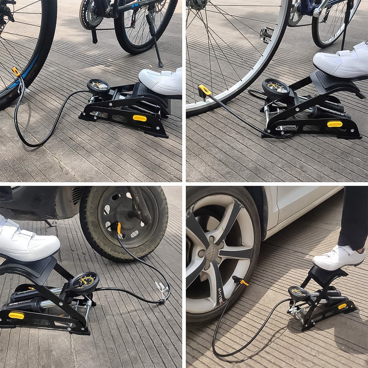Wukusy portable high-pressure foot air pump compressor for car and bike tires, compact automotive inflator with foot pedal operation.