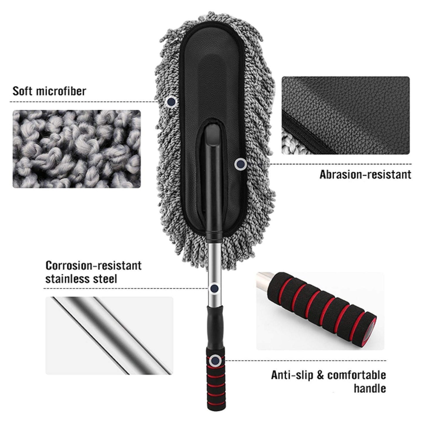 Wukusy automotive car duster with long retractable handle and microfiber brush for interior and exterior vehicle cleaning.