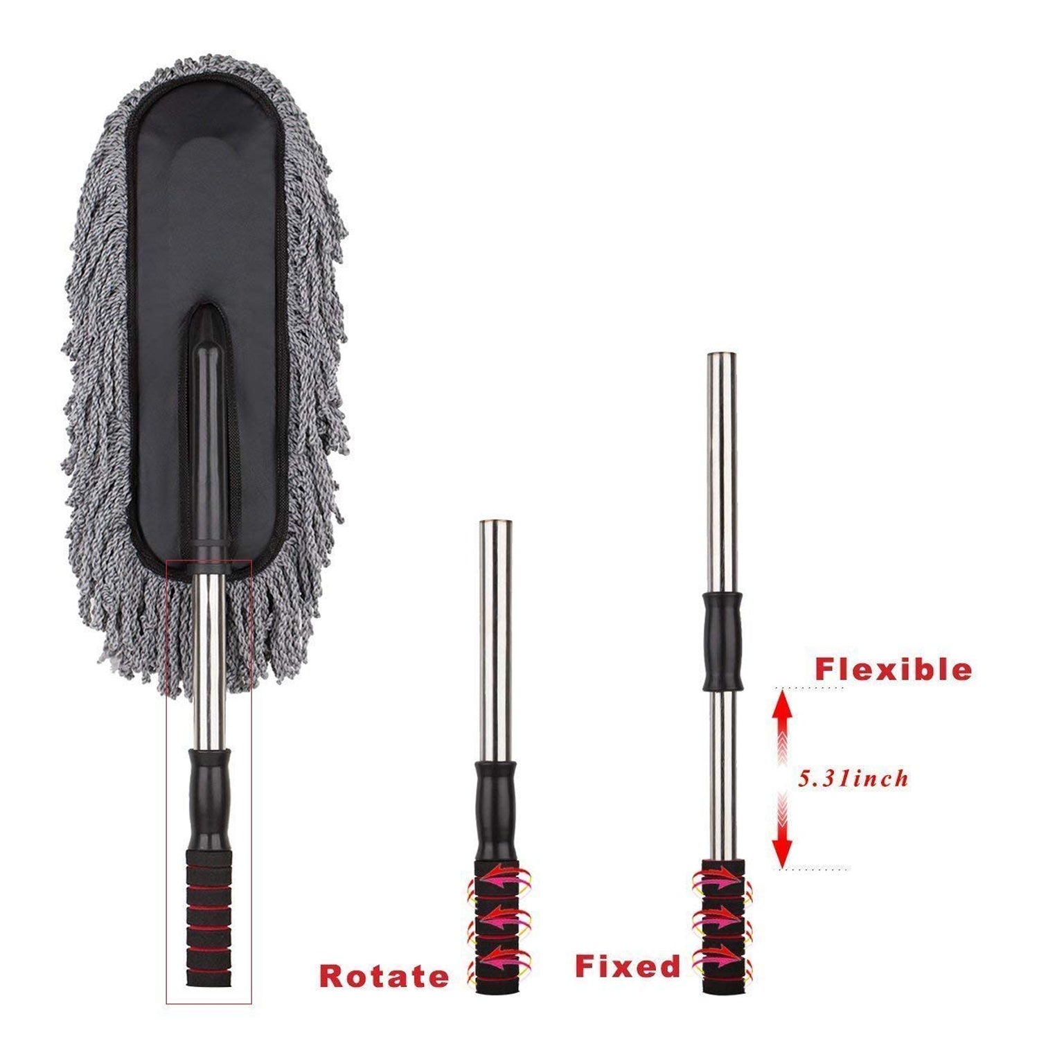 Wukusy automotive car duster with long retractable microfiber brush, non-slip handle, for cleaning car, boat, or home interiors and exteriors.