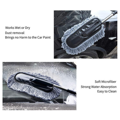 Wukusy automotive long retractable microfiber car duster with non-slip handle, ideal for vehicle interior and exterior cleaning.