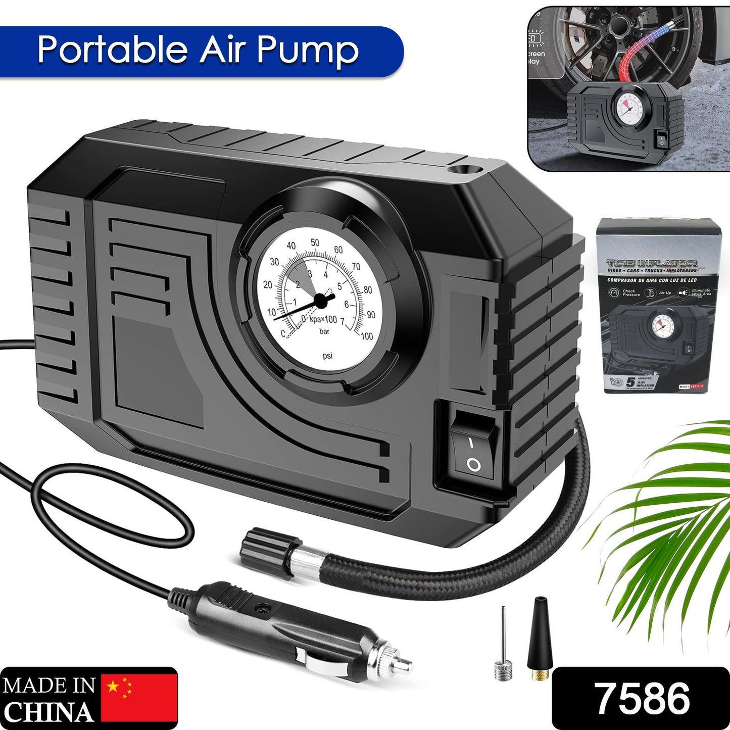 Wukusy 7586 portable tire inflator and air compressor with LED light for car tires, bicycle, balloons, and inflatables.