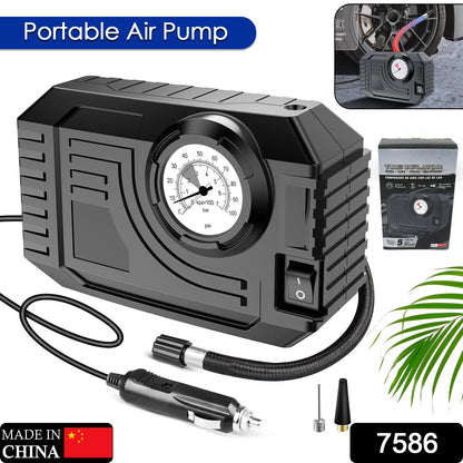 Wukusy 7586 portable tire inflator and air compressor with LED light for car tires, bicycle, balloons, and inflatables.
