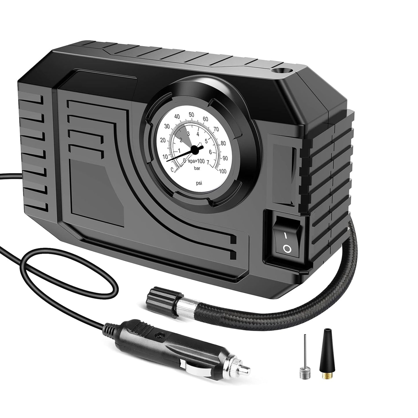 Wukusy 7586 portable 12V tire inflator and air compressor with LED light for car tires, bicycles, and inflatables.