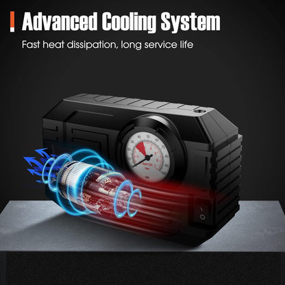 Wukusy 7586 portable 12V tire inflator and air compressor for car tires, bicycles, balloons, with LED light, compact automotive tool.