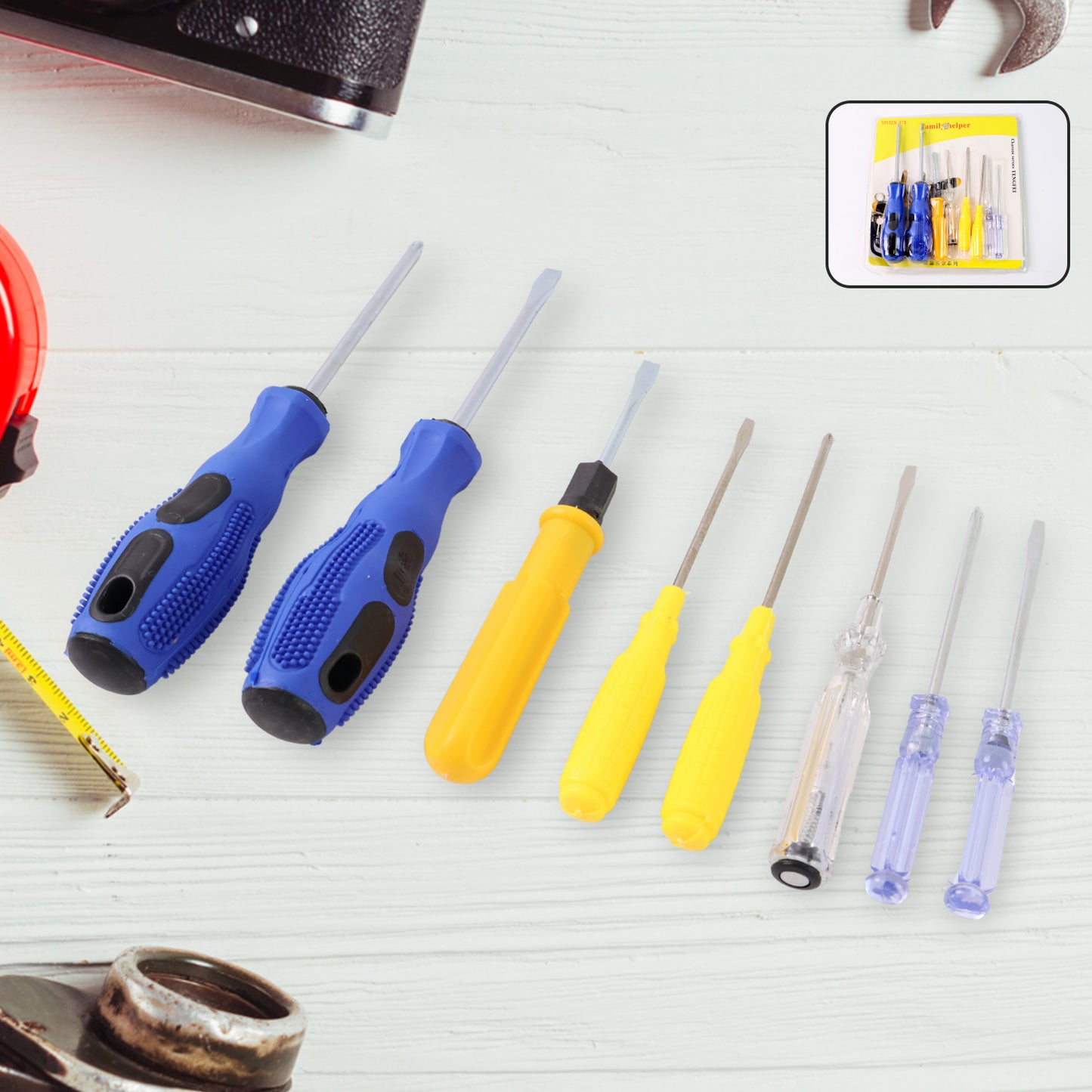 Wukusy 8-in-1 automotive hand tool kit with steel and plastic hammer, screwdriver, and tape measure for versatile repairs