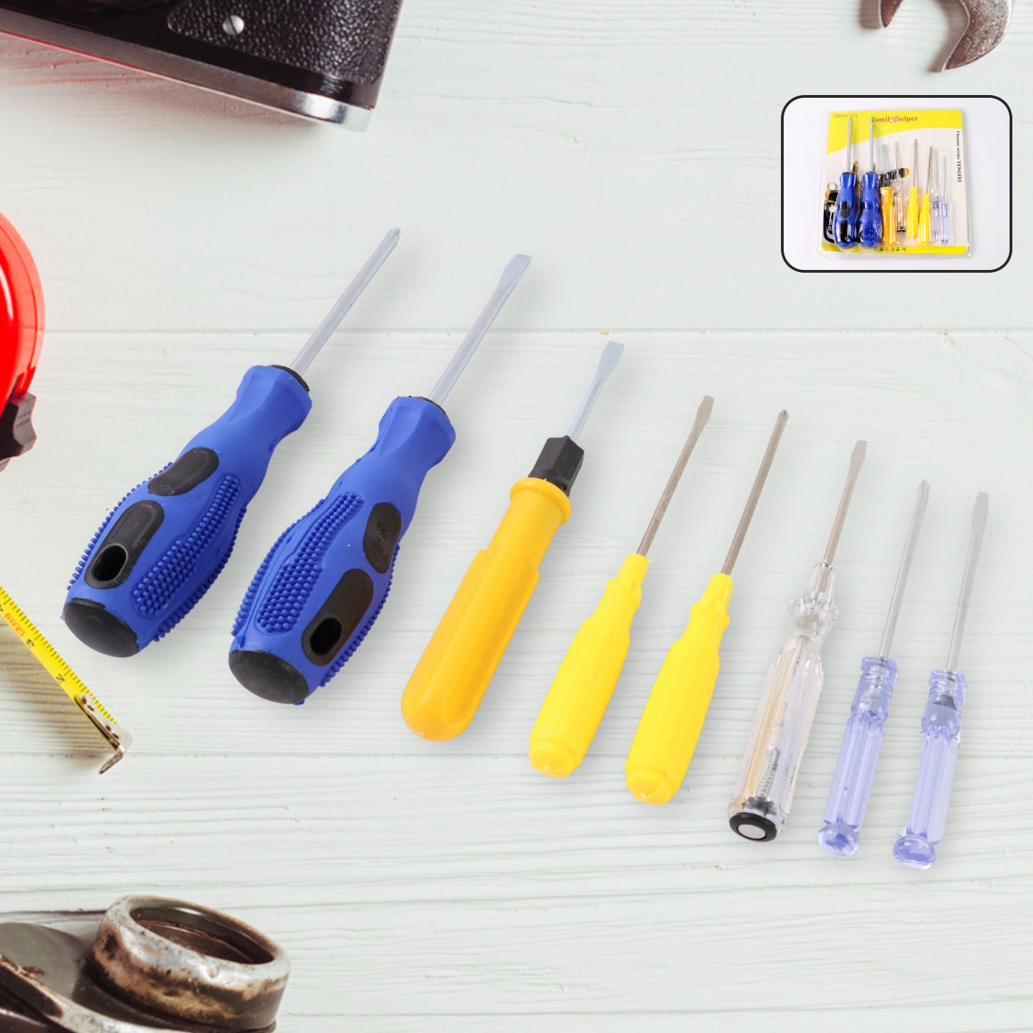 Wukusy 8-in-1 automotive hand tool kit with steel and plastic hammer, screwdriver, and tape measure for versatile repairs