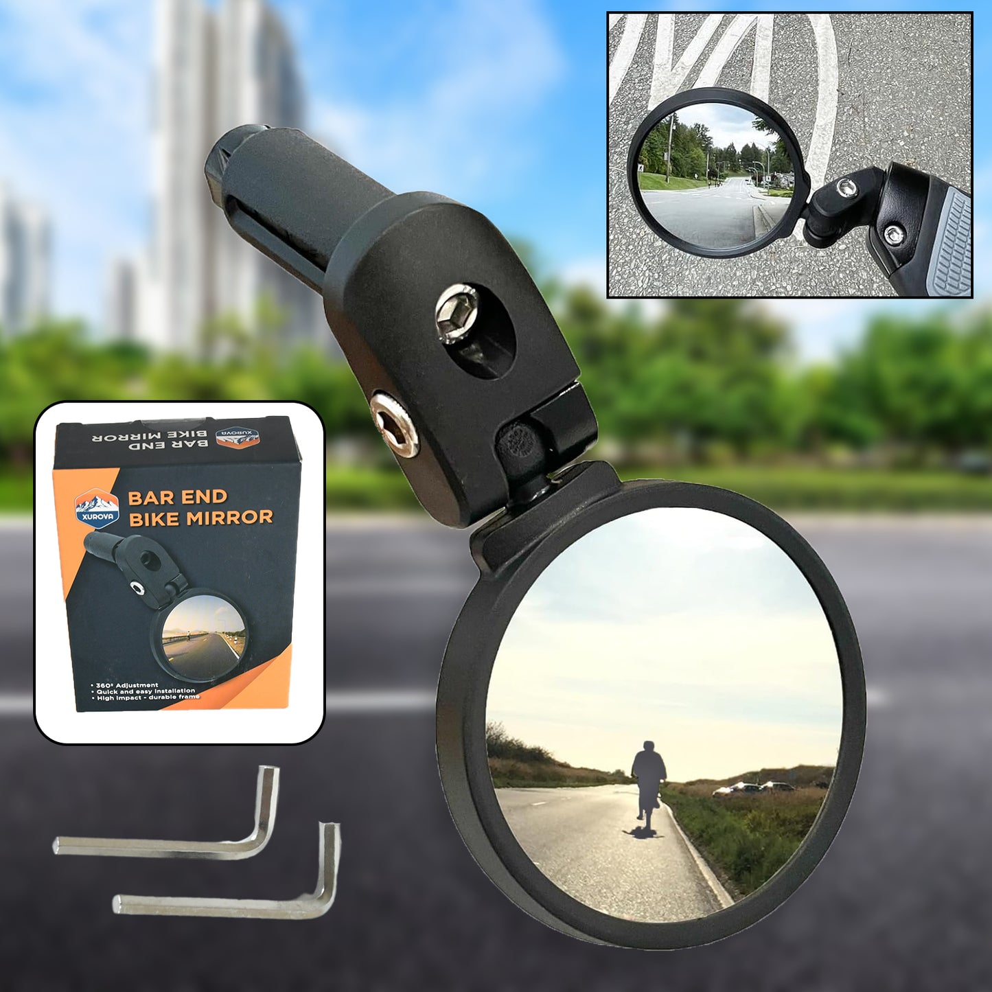 Wukusy 8505 bar end bike mirror, 360 rotatable and foldable rearview mirror for bicycles, durable and safety-focused design.