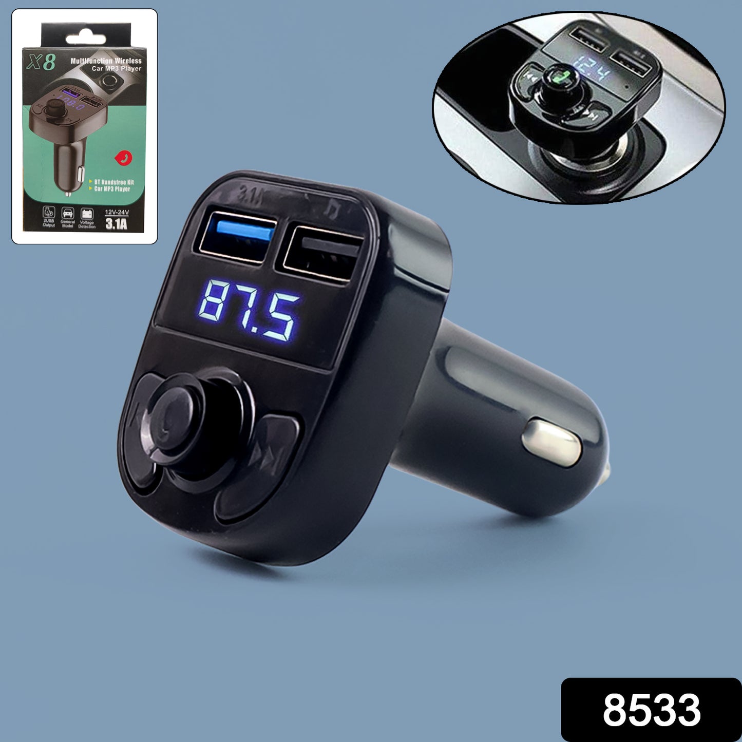 Wukusy 8533 Car-x8 Bluetooth FM transmitter kit with hands-free calling, music streaming, and dual USB quick charge ports for smartphones