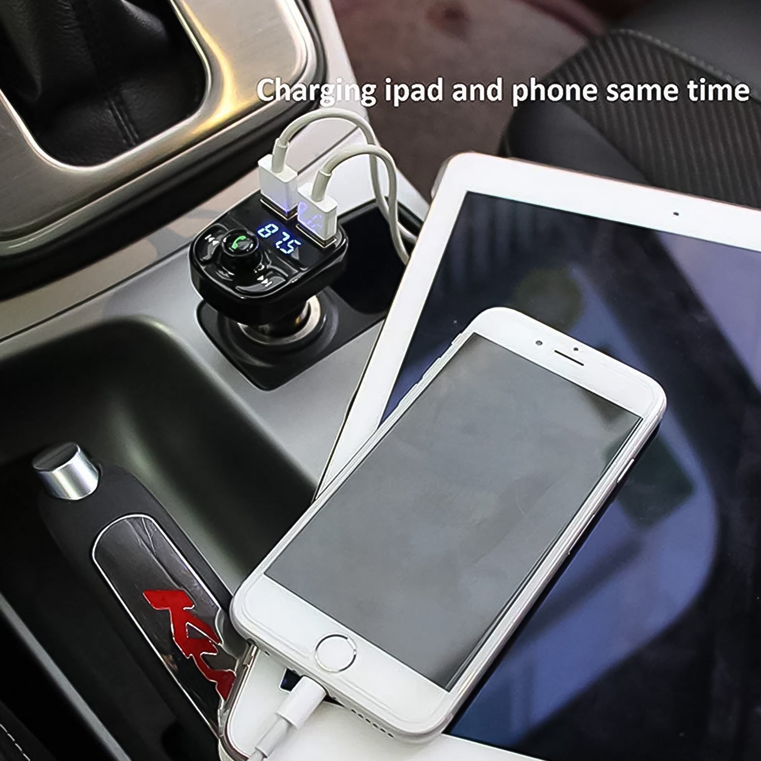 Wukusy Car-X8 Bluetooth FM transmitter kit for hands-free calls, music streaming, and fast dual USB charging in a modern automotive setting.