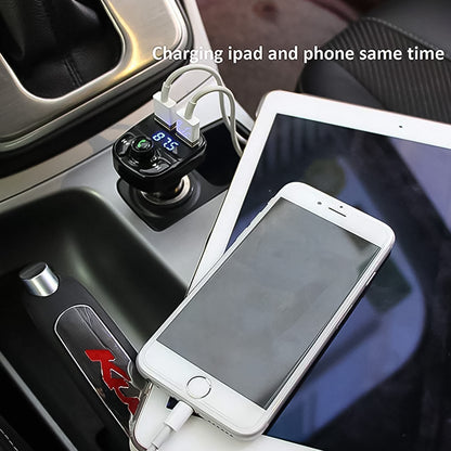 Wukusy Car-X8 Bluetooth FM transmitter kit for hands-free calls, music streaming, and fast dual USB charging in a modern automotive setting.