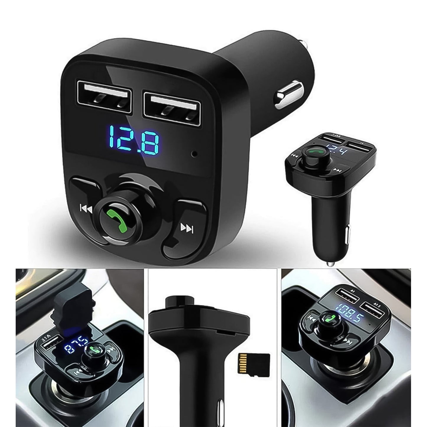 Wukusy Car-X8 Bluetooth FM transmitter kit with hands-free calling, music streaming, and dual USB quick charge ports for smartphones.