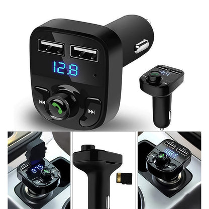 Wukusy Car-X8 Bluetooth FM transmitter kit with hands-free calling, music streaming, and dual USB quick charge ports for smartphones.
