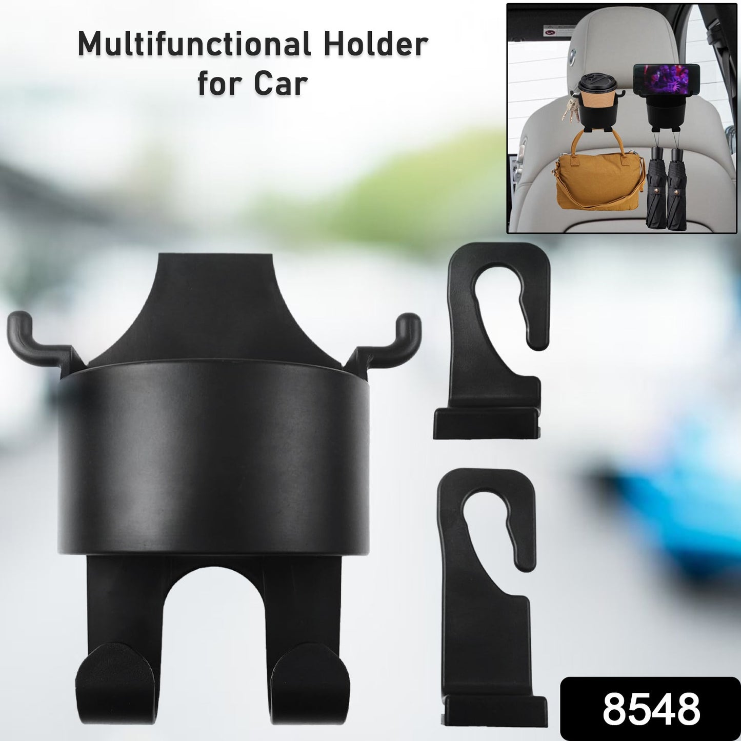 Wukusy 8548 Car Headrest Backseat Organizer with cupholder, mobile phone pocket, and hooks for kids and adults' travel storage.