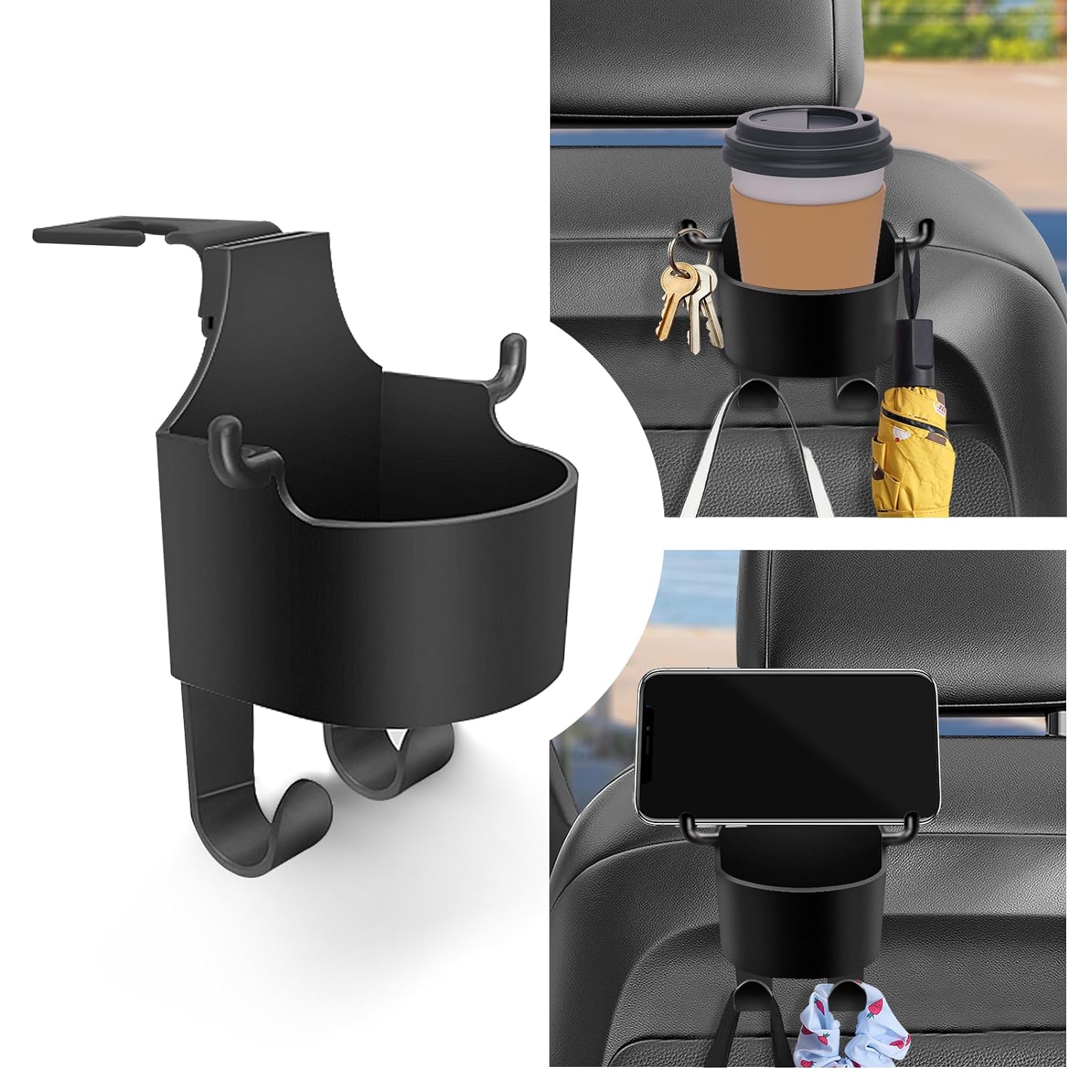 Wukusy 8548 car headrest backseat organizer with phone holder, cupholder, hooks, and storage for kids and adults during car travel.
