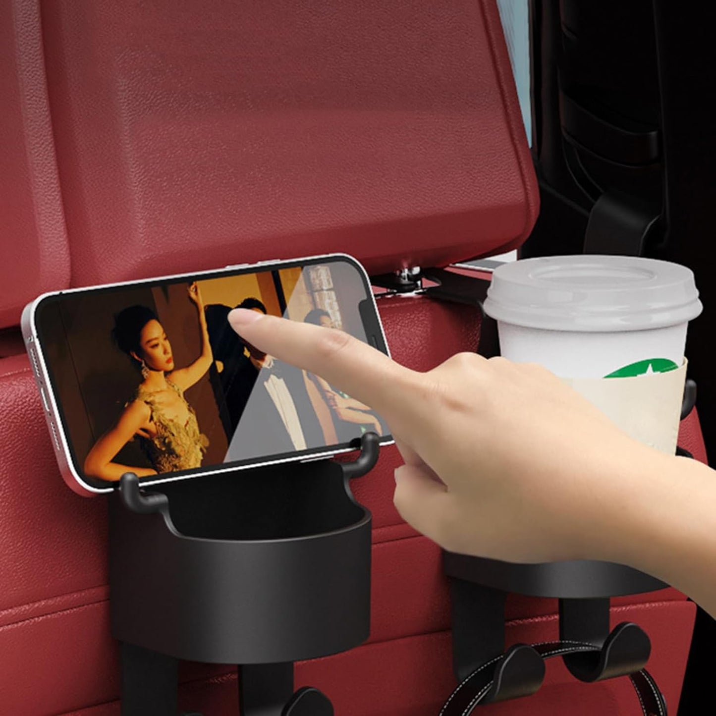 Wukusy 8548 car headrest backseat organizer with hooks, cupholder, and phone storage for kids and adults during car travel.