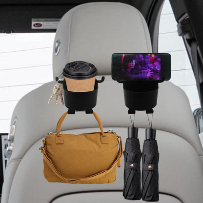 Wukusy 8548 car headrest backseat organizer with cell phone holder, cupholder, hooks, and storage for kids and adults during travel.