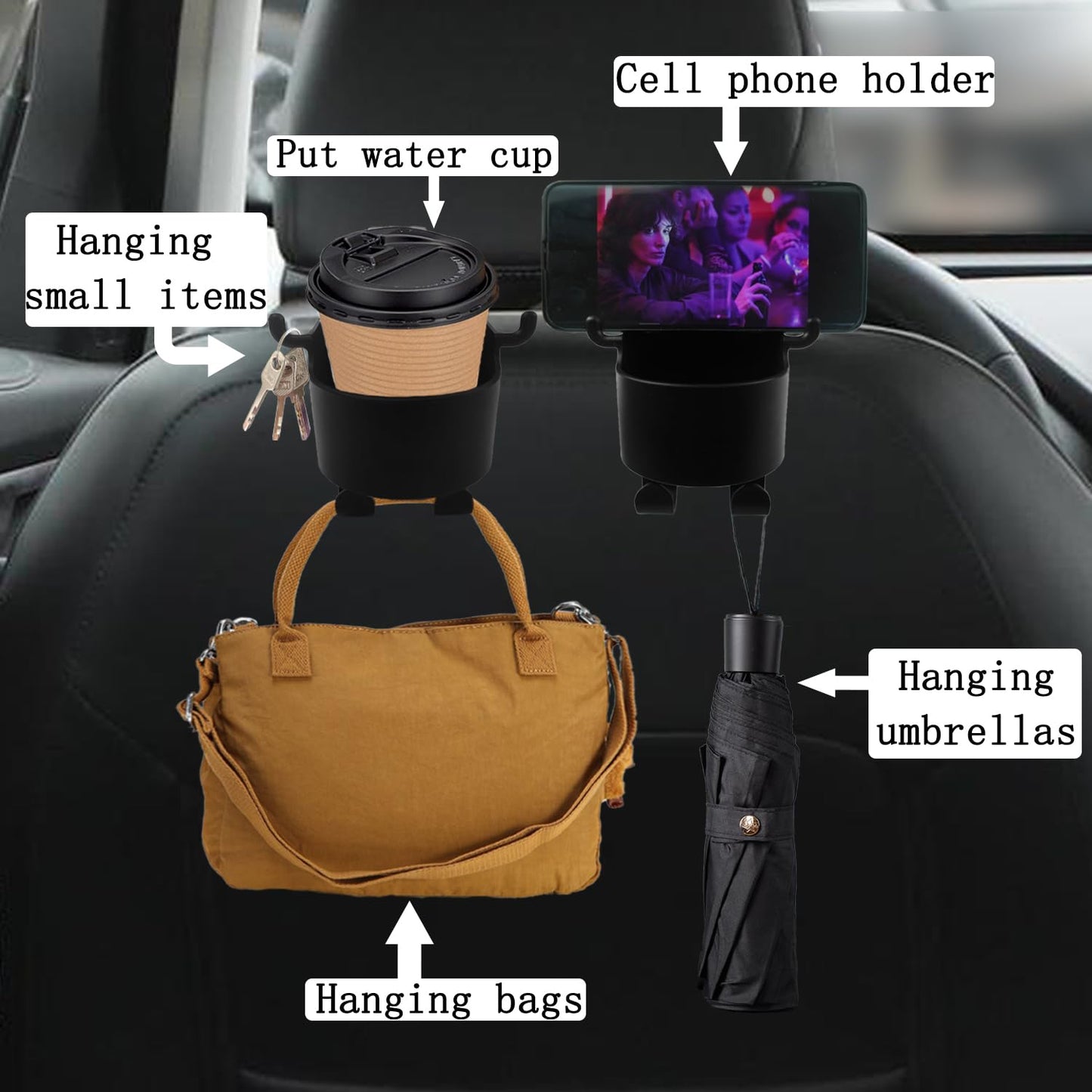 Wukusy 8548 car headrest backseat organizer with cell phone pocket, cupholder, hooks, and multi-compartment storage for car travel.