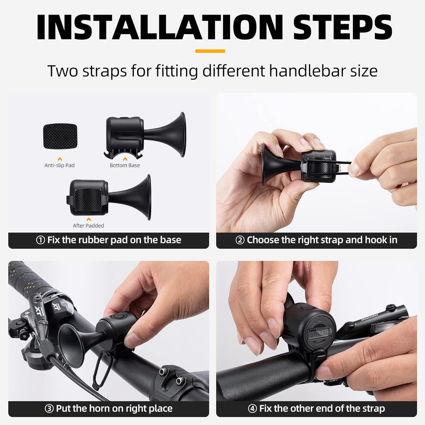 Wukusy 8590 bicycle air horn, loud 120dB electronic bell with waterproof design, long standby, battery operated for adult bikes.