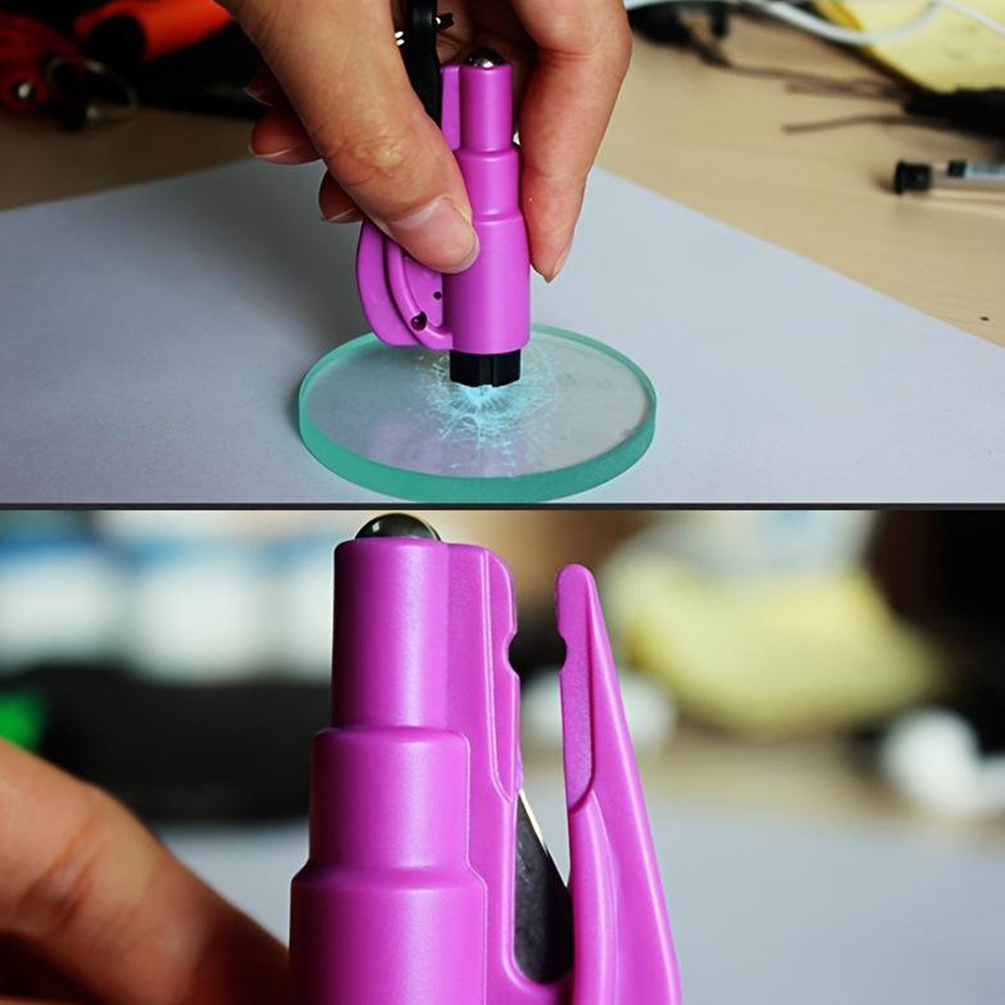 Wukusy 2-in-1 emergency safety cutter with keychain, portable tool for glass breaking and seat belt cutting. Automotive safety device.