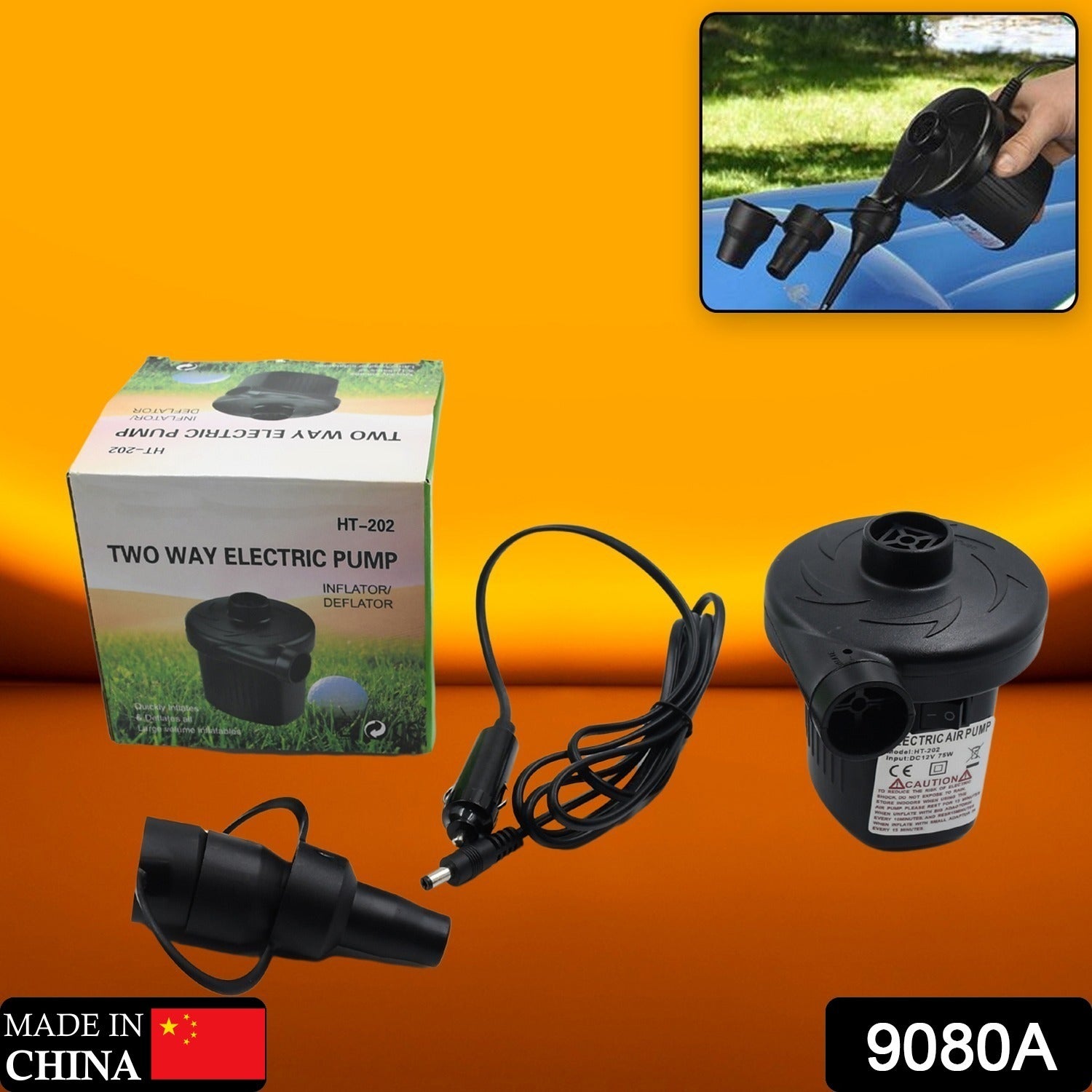 Wukusy 9080a electric air pump for inflating and deflating sofa beds, swimming pools, tubes, toys, and air bags without valve adaptors.